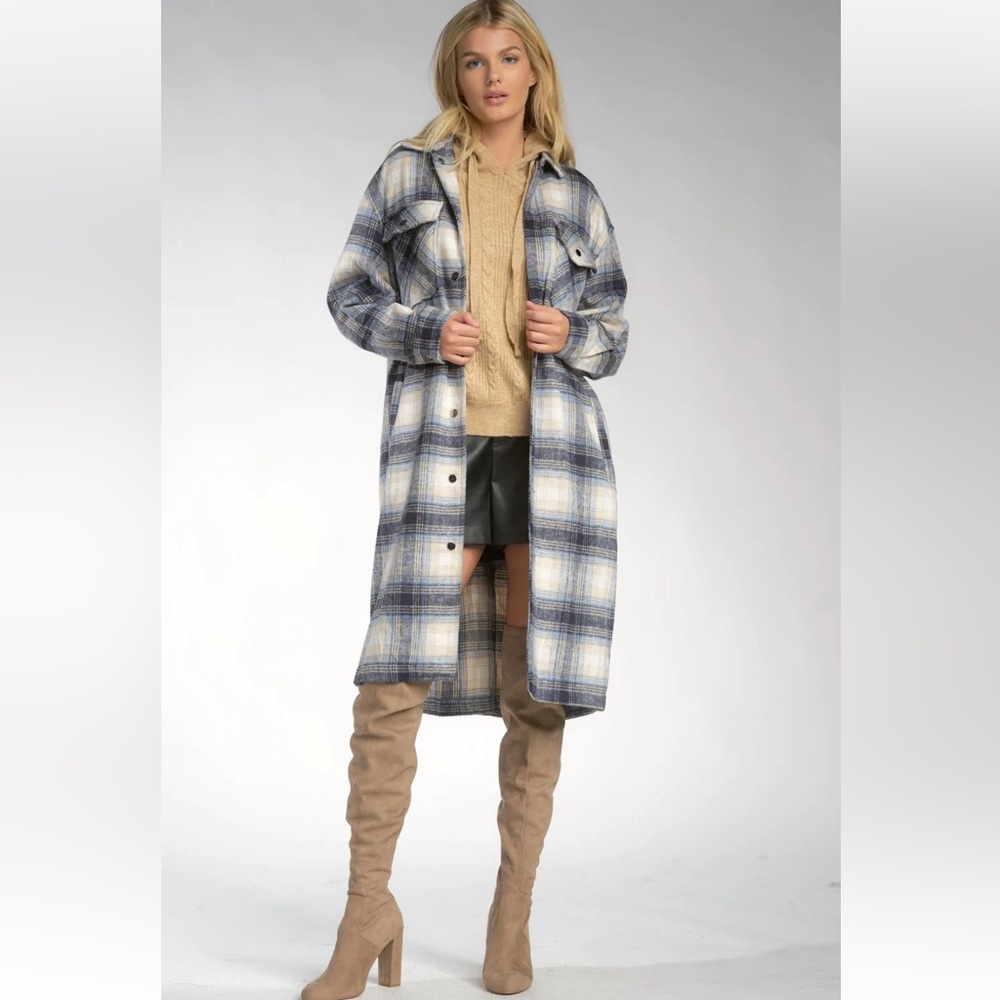 Elan Blue Plaid Long Women's Jacket Snap Flannel Size Medium NEW